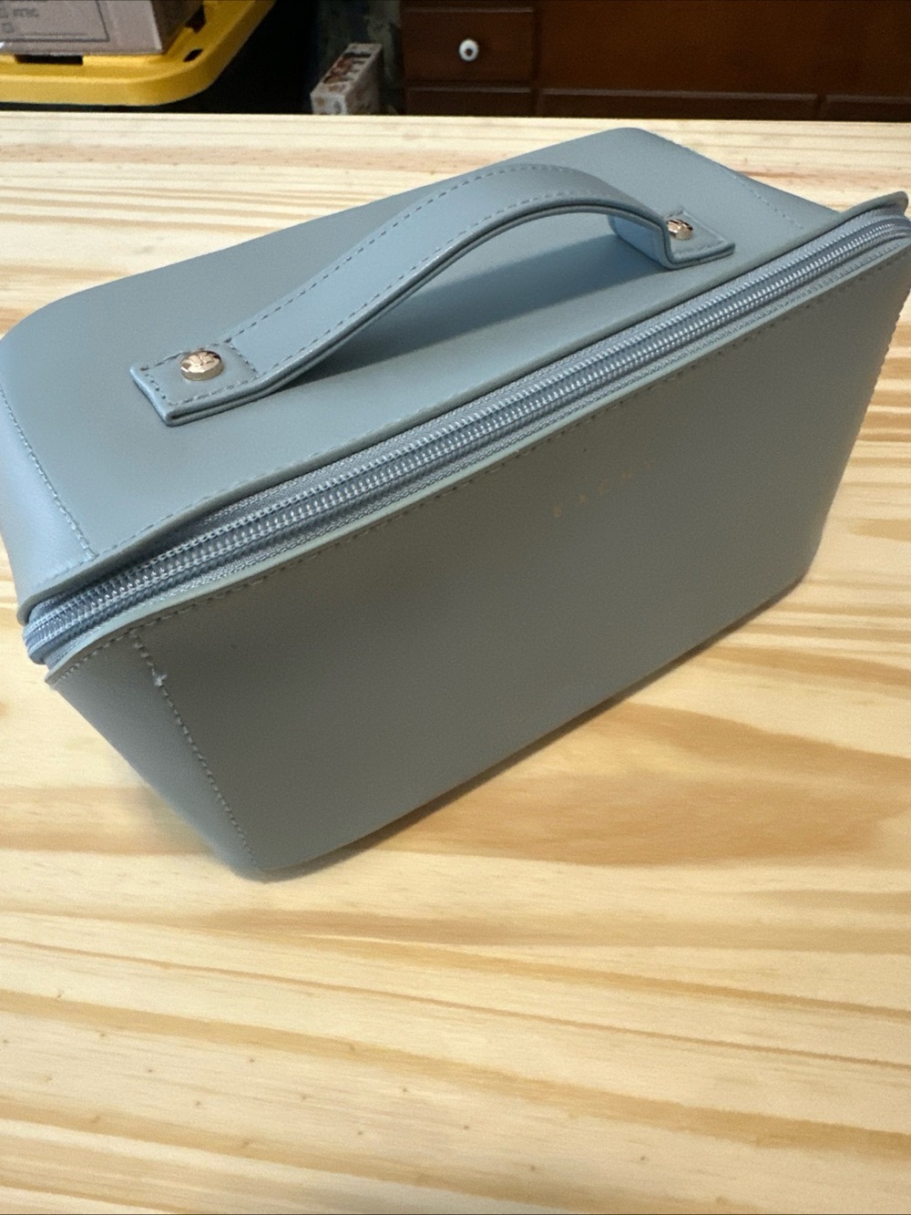 Compact Light Blue Women's Cosmetic Travel Case with Top Handle